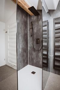 a bathroom with a shower with a glass wall at Panorama Lodge Edelweiss in Gosau +24 photos