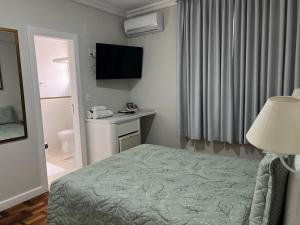 una camera d'albergo con un letto e una televisione di Hotel Bruggemann a Florianópolis