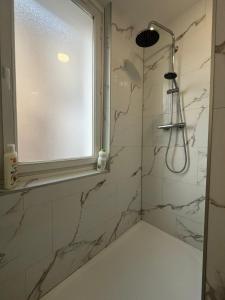 a bathroom with a shower with marble walls and a window at L'Oasis Arrageoise 45m2 4 personnes hyper centre in Arras