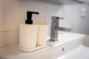 un dispensador de jabón sentado en un fregadero junto a un grifo en Chez Christian, en Burdeos 29 fotos más