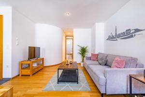 a living room with a couch and a tv at Altstadtsuite City Center in Freiburg im Breisgau