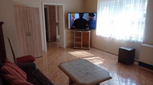 a living room with a couch and a flat screen tv at Gästewohnung Sommer Locktow, Hauptstraße 1 in Locktow