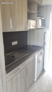 una cucina con fornello forno superiore accanto a un frigorifero di La Corniche d'Or à St Raphael a Saint-Raphaël