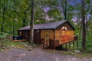 a small cabin in the middle of the woods at River Cabin w Great Views, Screened Porch & Fire Pit in Great Cacapon