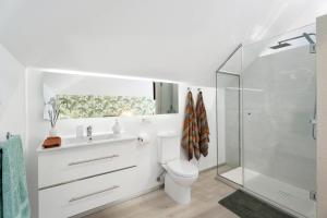 a bathroom with a toilet and a glass shower at Ático Mirador de Humboldt in Santa Úrsula +31 photos