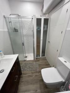 a bathroom with a shower and a toilet and a sink at Galatea Puerto Sherry Apartamento in El Puerto de Santa María