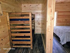a log cabin with a bed and a ladder in it at Letchworth Valley Campground Cabins in Bliss