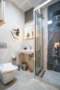 a bathroom with a shower and a toilet and a sink at Grand Reis Hotel in Istanbul