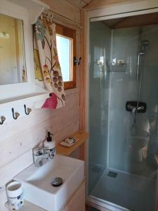 a bathroom with a sink and a glass shower at Roulotte du Touton avec climatisation in Preignan