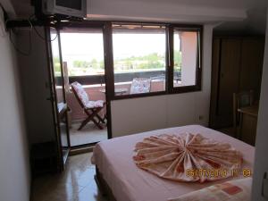 a bedroom with a bed and a view of a balcony at Guesthouse Olimp in Sozopol