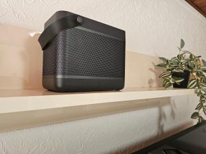 a television sitting on a shelf with a plant at Violeta guest house in Petrovaradin