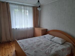 Un dormitorio con una cama frente a una ventana. en Welcoming apartment, en Anykščiai