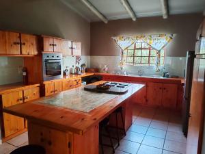 a kitchen with wooden cabinets and a large island in it at 83 on De Lange in Graskop