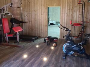 ein Fitnessstudio mit mehreren Trainingsgeräten in einem Raum in der Unterkunft Via Cursia 1 Espace Détente in Coursan