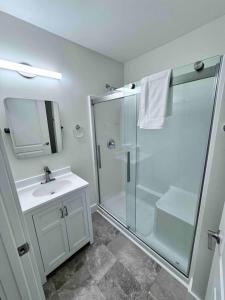 a bathroom with a shower and a sink at Modern Cottage Downtown. Pet Yes in Beaufort