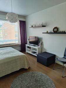 ロヴァニエミにあるJaakonkatu City Apartmentのベッドルーム(ベッド1台、テレビ、椅子付)