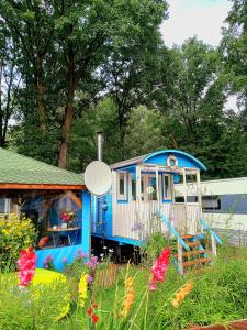 a blue and white train car in a field of flowers at Cottage-Irina in Brandenburg an der Havel +18 photos
