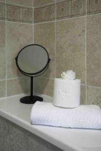 a roll of toilet paper and a mirror on a bath tub at Cochran House in Bathgate +22 photos