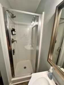 a bathroom with a shower and a toilet and a sink at Cozy Studio Retreat. Pet Yes in Beaufort +16 photos