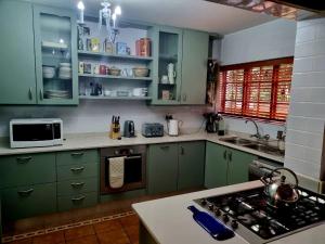 a kitchen with green cabinets and a stove top oven at The Jones in Kaapsehoop