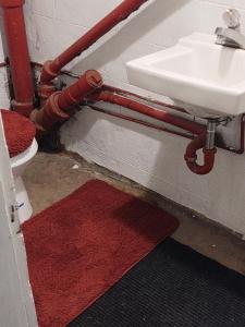 a bathroom with red pipes and a sink and a red rug at Victorian Home Sleeps 10 Fenced 4BR Full Kitchen Steps2 YCP in York +4 photos