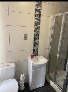 a bathroom with a toilet and a sink and a shower at 5 bedroom ensuite spacious house in Bilston +1 photo