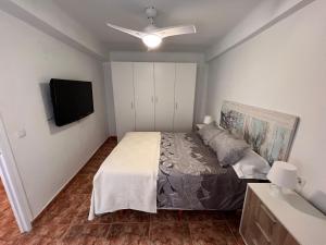 ein Schlafzimmer mit einem Bett und einem Flachbildfernseher in der Unterkunft Apartamento en el centro de Nerja in Nerja