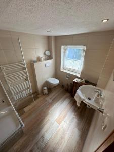 ein Badezimmer mit Toilette, Waschbecken und Dusche in der Unterkunft Little Blue Cottage #9 in Fehmarn