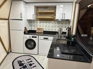 a kitchen with a sink and a washing machine at OtelOX Sinap Özel Havuz ve Jakuzili Glamping in Erdemli +9 photos