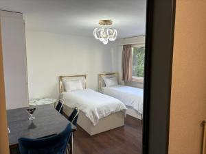 1 dormitorio con 2 camas, mesa y lámpara de araña en 2BDR Apt with See View - Free Parking, en Lucerna