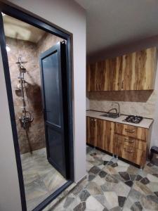- une cuisine avec une douche, un évier et une porte dans l'établissement Kazbek wiev Hostel, à Kazbegi
