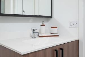 a bathroom counter with a sink and a mirror at Luxury Studio King bed Gym near MIT Harvard in Cambridge +34 photos