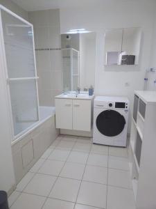 ein weißes Badezimmer mit einem Waschbecken und einer Waschmaschine in der Unterkunft Appartement T2 calme et cosy proche Orly in La Ville-du-Bois