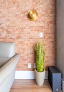 a plant in a pot next to a brick wall at PALMAS EXPERIENCE - APARTAMENTO CONTEMPORÂNEO, vista serra, na quadra do shopping in Palmas +37 photos
