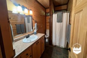 a bathroom with a sink and a mirror at Tree Top Hideaway - Private with Games Firepit More in Blue Ridge