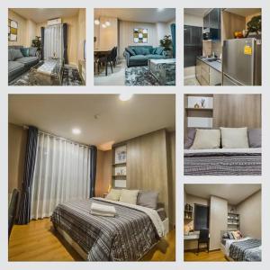 a collage of photos of a bedroom and a living room at 501B #1km to central festival #5 km to lee garden in Ban Khlong Wa