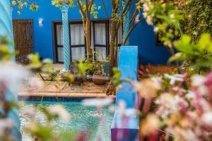 a swimming pool in front of a blue house at Bamboo Cottage in Riebeek-Kasteel