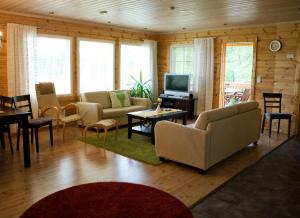 - un salon avec un canapé et une télévision dans l'établissement Salkolahti Lomamökit, à Längelmäki