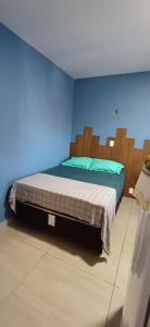 a bedroom with a bed with blue walls at Loft 02 in Bombinhas