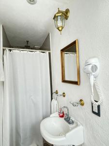 a bathroom with a sink and a shower curtain at Hotel Boutique Casa Miranda in Querétaro