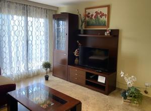 a living room with a television and a coffee table at Apartamento Las Arcillas in Teruel