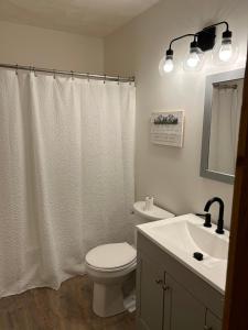 a bathroom with a white toilet and a sink at Townhouse in Seven Springs 3bed 2bath sleeps 8 aircon wifi in Champion