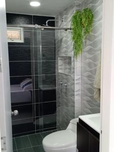 a bathroom with a toilet and a glass shower at Apartamento moderno en Cali in Cali +15 photos