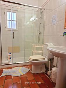 a bathroom with a shower and a toilet and a sink at Elegant family house in Loulé with private pool in Loulé +42 photos