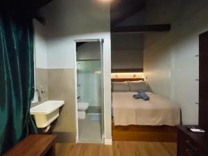 a bathroom with a bedroom with a bed and a sink at Loft 201 em frente à Vila Germânica Oktoberfest- Villa Haus in Blumenau