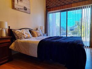 阿勒达拉Cozy tiny home in Ulladulla的一间带床和大窗户的卧室