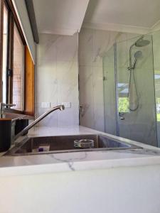 阿勒达拉Cozy tiny home in Ulladulla的厨房配有水槽和玻璃淋浴间