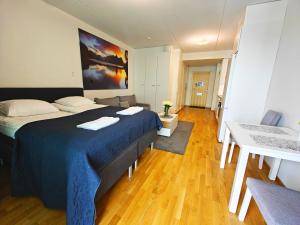 une chambre avec un lit, un canapé et une table dans l'établissement Railway station & Central studio, à Oulu