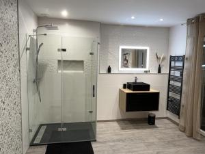 a bathroom with a glass shower and a sink at Gîte les Rosiers du Blosen in Thann +38 photos
