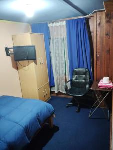 a bedroom with a bed and a desk and a chair at Pensión San Andrés in Concepción